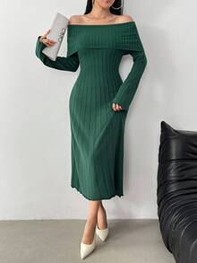 Modelyn 女士绿色露肩长袖优雅针织连衣裙，秋季 - 綠色 - 查看 2