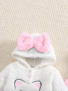 SHEIN 新生女婴可爱毛茸茸卡通图案连帽上衣和松紧腰裤套装，秋冬 - 淺粉色 - 查看 3