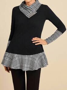 SHEIN LUNE 围脖领束腰外衣 长袖拼布 A 字形上衣 - 黑與白 - 查看 5