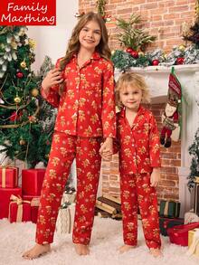 SHEIN Boys' Merry Christmas Pajamas - Gingerbread Man Print Burgundy Long Pants And Long Sleeve Cardigan Comfortable 2 Pieces Sleepwear Set, Family Matching Outfits (4 Sets Sold Separately) Matching Family Pajama Sets Fall Winter