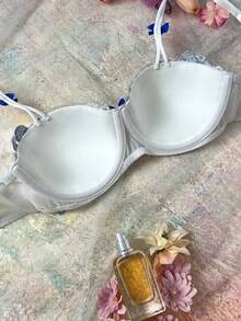 浪漫、清新、温柔、甜美刺绣花卉半罩杯钢圈文胸，可调节肩带，蝴蝶结装饰，海军蓝 - 藏蓝色 - 查看 4