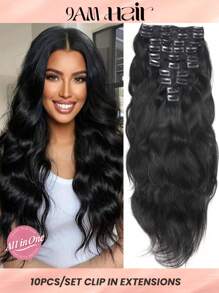 10 件套自然波浪真人发夹式接发双纬直发假发波浪接发女士波浪夹式接发 160 克/套 - Natural Black - 查看 1