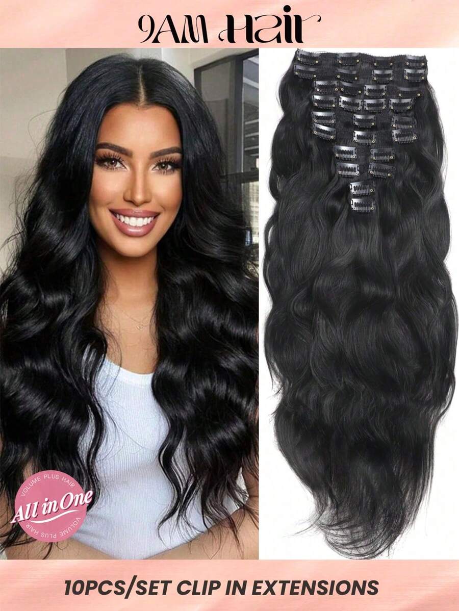 10 件套自然波浪真人发夹式接发双纬直发假发波浪接发女士波浪夹式接发 160 克/套 - Natural Black - 查看 1