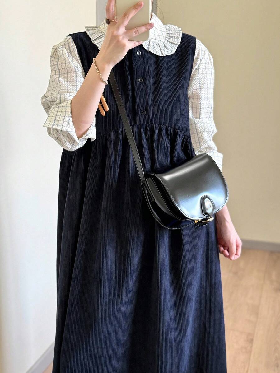 FRIFUL 女士藏蓝色纯色圆领无袖褶皱连衣裙，秋季连衣裙，户外连衣裙，女士秋季服装夏季女装连衣裙 - 藏蓝色 - 查看 1