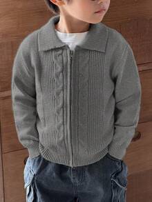 SHEIN Young Boys' Casual Twist Floral Front Zip Knit Cardigan Boys Cardigan Boys Zip Up Sweater Boys Knit Cardigan Boys Sweater Jacket Boys Knit Jacket Fall Winter