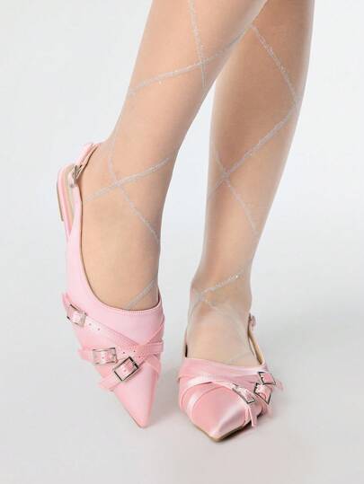 Kawaii Elegant Fashion Casual Buckle Design Pointed Toe Flat Shoes, Gothic Style Silk Satin Powder Pink Flats Suitable For Party, Daily Wear, Evening Gown