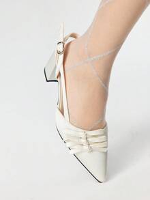 ROMWE Kawaii Pantofi cu toc înalt pentru femei, vârf rotund, bej, cu funde multiple, drăguți și eleganți, potriviți pentru nuntă, rochii de vară, sandale cu baretă în aer liber - Bej - Vizualizare 3