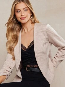 Amorya 女士优雅荷叶边百搭休闲提花针织卡其色夹克 女士服装 返校节演出服 女士返校节服装 女士办公室服装 教师服装 女士夜间外出教堂服装 女士早午餐服装 女士生日礼服 女士婚礼宾客礼服 秋冬女士服装