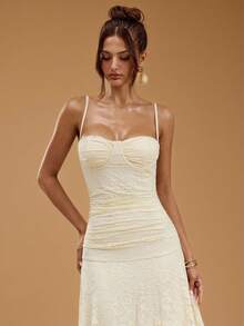 SHEIN BAE Váy ren dài siêu dài màu mơ thanh lịch, bó sát, xếp nếp, váy ren in họa tiết, trang phục dự tiệc cưới, váy ren, váy thanh lịch - Màu be - Xem 6