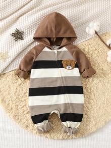 SHEIN 男婴秋冬服装套装，连体衣，加厚保暖斜拉链条纹撞色连帽连体衣，舒适百搭，时尚日常可爱小熊图案简约百搭，适合室内、室外、日常、运动、玩耍、派对、节日、万圣节、圣诞节、新年等场合。 - 卡其色 - 查看 6