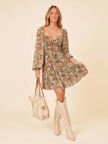 SHEIN VCAY Floral Print Knot Front Lantern Sleeve Dress - Brown - View 6