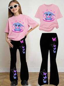 年轻女孩休闲时尚创意可爱卡通针线印花短袖上衣和喇叭裤套装 - 彩色 - 查看 3