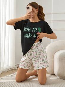 RueChic Women 3 Pcs Contrast Colour Cactus Pattern Homewear PJ Set - Black - View 7