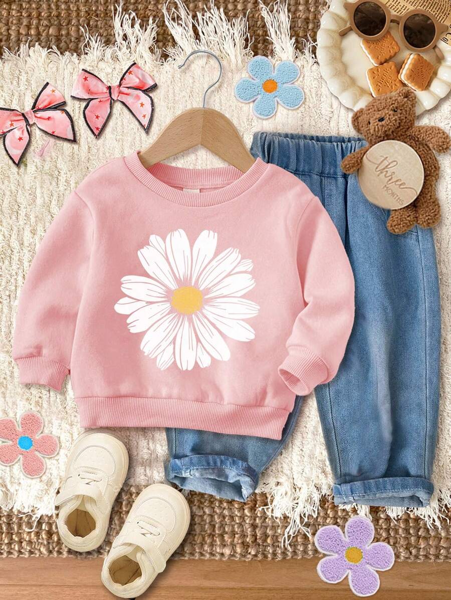 SHEIN Áo nỉ dài tay cổ tròn dày dặn, màu hồng kem, dễ thương, thanh lịch, tối giản, họa tiết hoa cúc mùa thu, thích hợp cho bé gái, phù hợp cho mùa thu/đông, thoải mái, dễ mặc, nhiều lớp, phong cách, trang phục thường ngày, họa tiết, mùa thu, không khí mùa thu, mùa thu. - Hồng - Xem 1