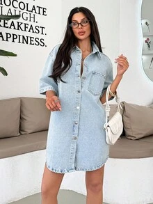 EURMUSE VÁY MINI TAY NGẮN CỤM PHÍA TRƯỚC CHO NỮ ÁO KHOÁC NHẸ MÀU TUYẾT - Rửa nhẹ - Xem 3