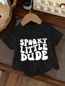 SHEIN Baby Boy Casual Loose Comfortable Halloween English Letter Cute Style Cartoon Print Short Sleeve Top, Suitable For Summer - Black - View 2