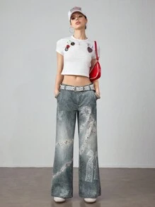 ROMWE J-Fashion Y2K 复古蝴蝶蕾丝印花女式低腰牛仔裤 - 藍色 - 查看 4