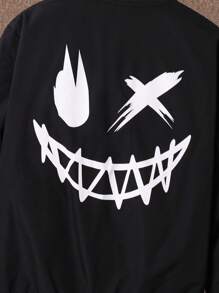 SHEIN Leap Crew Tween Boy Smiling Face Pattern Long Sleeve Casual Baseball Collar Windbreaker Jacket  Suitable For Kids Outfits Toddler Boy Clothes Back To School Boys Set Suitable For Birthday Parties, Evening Parties, Performances, Weddings, Baptisms, Opening Ceremonies Daily Suitable For Daily Use Suitable For School Suitable For Travel Suitable For Sports Suitable For Spring, Autumn And Winter Seasons Fall - Black - View 5