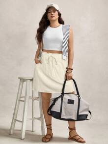 Zelara 加大码弹力腰荷叶边口袋裙 - 米色 - 查看 3