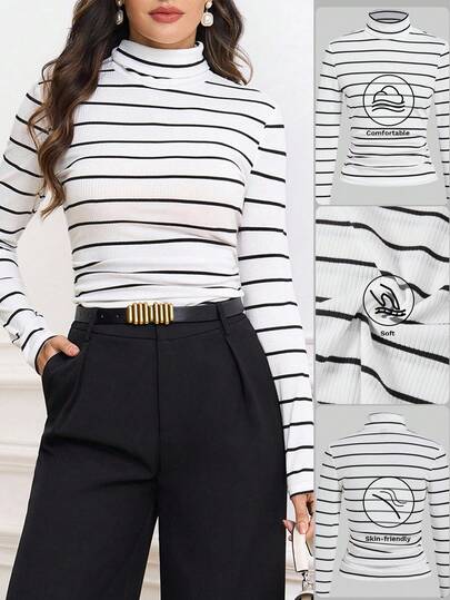 Ellevyn Women's Turtleneck Long Sleeve Black And White Striped Elegant Everyday Wear Base Layer T-Shirt, Autumn/Winter Fall Clothes For Women Work Tops