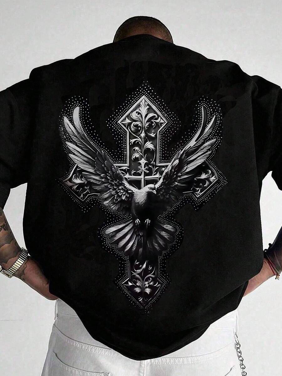 Manfinity EMRG Men's Cross & Bird 3D Print Graphic Casual T-Shirt - Black - View 1