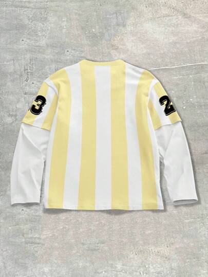 Prep Men's Contrast Stripe & Numeric Print Long Sleeve T-Shirt Sporty Jersey