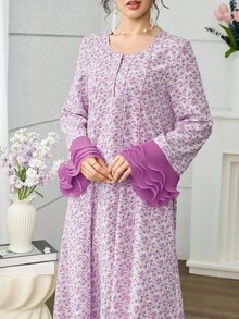 Yasmyna Vestido de mujer con estampado floral elegante, mangas plisadas y parches, con estilo árabe encantador, para primavera/verano