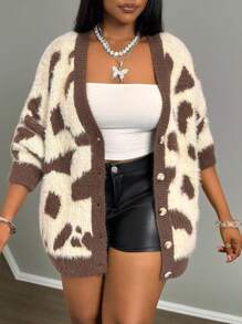 Slaydiva 2025 New Autumn And Winter American Casual Loose Knit Color Block Cropped Cardigan, Flattering Streetwear Style Cow Print Cardigan Fuzzy Cardigan Animal Print Sweater Cow Print Sweater Y2k Cardigan Fall - Multicolor - View 9