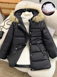 SHEIN Abrigo acolchado con capucha y puños elásticos para niñas, con cuello de piel, adecuado para vacaciones, salidas y vuelta al colegio