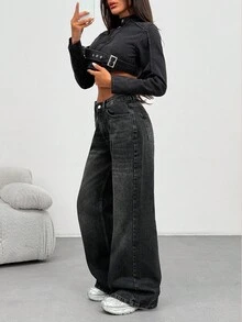 EURMUSE Women's Mid-Rise Pocketed Flare Wide Leg Loose Casual Versatile Jeans - Black - View 5