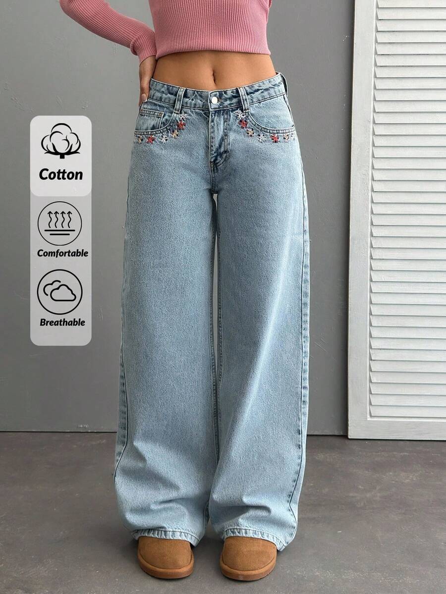 EURMUSE WOMEN WIDE LEG LOW WAIST CROSS EMBROIDERY JEANS - Light Wash - View 1