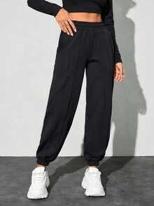 SHEIN PETITE Solid Elastic Waist Binding Detailed Sweatpants - Black - View 6