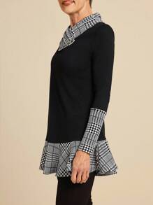 SHEIN LUNE 围脖领束腰外衣 长袖拼布 A 字形上衣 - 黑與白 - 查看 4