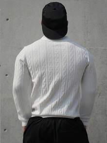 DAZY Cream-White Solid Color Polo Collar Textured Knit Sweater For Men, Autumn