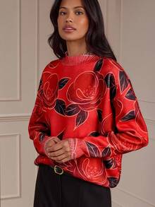 Lilora Red Floral,Autumn,Elegant,Family Casual Print Long Sleeve Sweater,Super Soft Graphic Rose Emory Rose Retro Chic Modest Formal Event Party Date Night - Multicolor - View 5