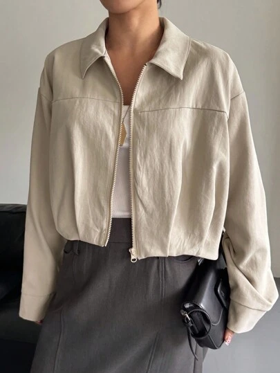 DAZY 女式纯色修身翻领长袖褶饰休闲复古夹克，秋冬