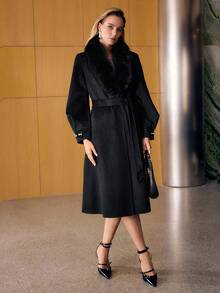 MOTF PREMIUM ABRIGO LARGO DE LANA CON CUELLO DE PELO SINTÉTICO CONTRASTANTE, OTOÑO/INVIERNO - Negro - Ver 6