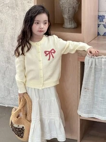 DAZY Young Girls Korean Style Fresh & Cute Bow Contrast Color Long Sleeve Cardigan, Autumn/Winter - Apricot - View 3