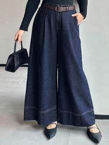 Dazy Plus Plus Size Women Dark Wash Loose Wide Leg Jeans With Visible Seam, All Season - Dark Wash - View 9