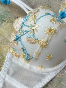 FloralLove Romantic, Fresh, Gentle, Sweet Embroidered Floral Balconette 1/2 Cup Underwire Bra With Adjustable Straps And Bow Accent, Women's Lingerie, Yellow Embroidered Bra - Yellow - View 3