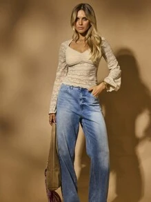 Aralina Fall Winter Western Boho Full Lace Bell Sleeve Ruched Front Cute Going Out Country Concert - Apricot - View 7