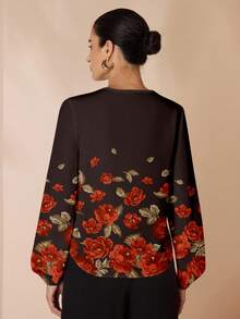 Glamance Whitebread Camisa de mujer de manga larga con estampado de flores elegante y casual, adecuada para el otoño, blusa de manga farol negra con estampado floral - Multicolor - Ver 2
