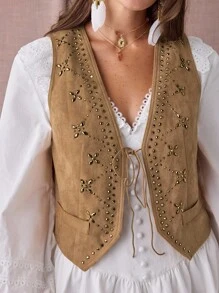 Enchnt Gilet da donna con decorazioni in strass, stile western, con lacci sul davanti, adatto per l'autunno/inverno