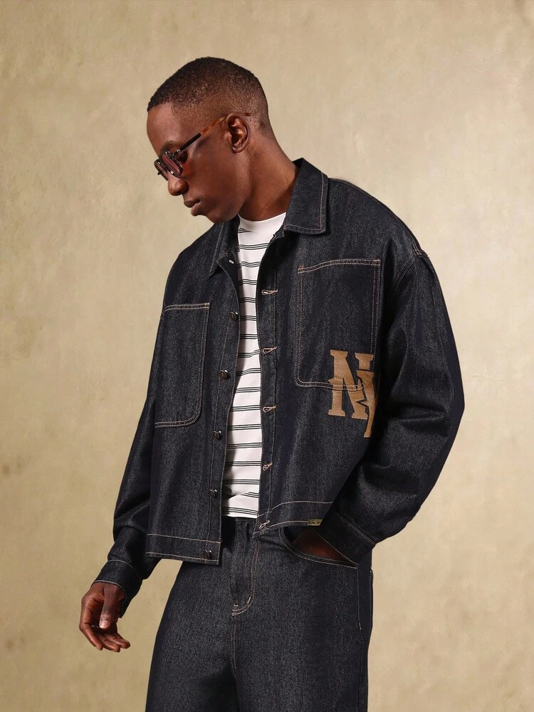 Oversized Denim Jacket With Logo Print And Button Front