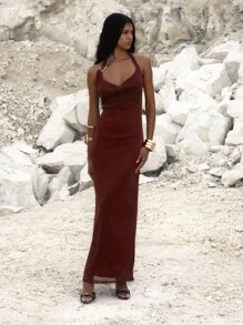 MUSERA Đầm maxi dáng suông, cổ yếm, cổ đổ, khoét sâu phía trước, thích hợp cho các dịp đi chơi tối, thanh lịch, mùa thu, hè, kỳ nghỉ, lễ tốt nghiệp. - Màu Đỏ Sâu - Xem 5