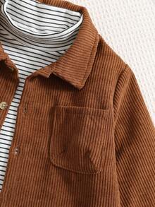 SHEIN 3 件套年轻男孩秋冬灯芯绒长袖衬衫、条纹长袖上衣、高领 T 恤和休闲裤套装，适合室内、户外、日常穿着、运动、玩耍、派对、拍照、假日、节日、狂欢