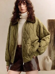 EMERY ROSE Mantel Berlapis Longgar dengan Kerah Warna Kontras, Gaya Inggris, Pakaian Musim Gugur/Dingin untuk Wanita - Hijau Tentara - View 7