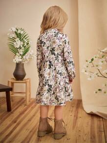SHEIN Young Girl Floral Print Ruffle Hem Long Sleeve Dress - White - View 2