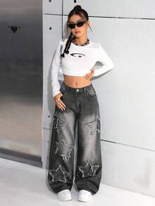 SHEIN 少女 Y2k 时尚休闲宽松阔腿牛仔裤，星星拼接，阔腿裤，女孩秋季返校服装 - 黑色 - 查看 5