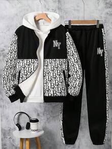 2pcs Teen Boys Teddy Fleece Printed Jacket & Black Japanese Style Sweatshirt Pants Set, Casual Sporty Outfit Suitable For School, Outdoor, Photography, Soft & Comfortable, Must-Have Teens Clothing Fall Winter - White - View 1